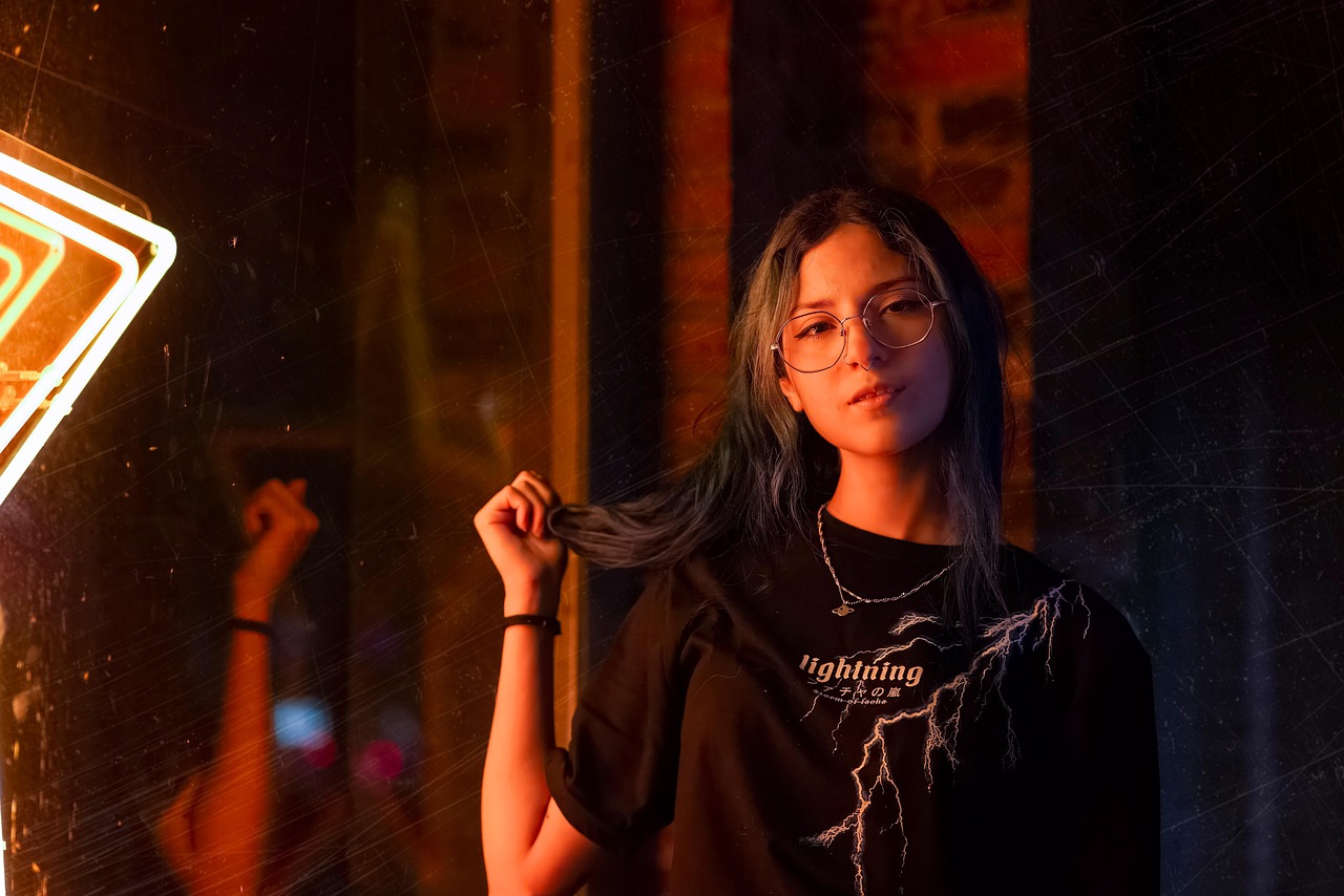 woman, model, glasses, youth, colorful, light, portrait